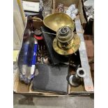 A box of metalware, a hanging oillamp, a dressing table mirror and a Singer sewing machine