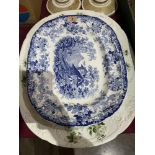 A Mintons blue and white meat plate and two others