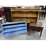 A pine plate rack, a painted rack and a mahogany workbox (formerly a commode) (3)