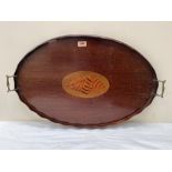 An Edward VII mahogany and shell inlaid oval gallery tray. 26' wide. (Loss to gallery)