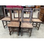 A matched set of six 17th century joined oak backstools with open backs on turned and block legs