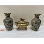 A Chinese gilt metal censer, 6' wide and a pair of cloisonne inverted baluster vases