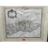 A framed map of Sussex by Robert Morden. 14' x 17'
