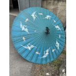 A Thai parasol, the leaf painted with birds and fish. 64' diam.