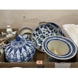 A box of oriental blue and white ceramics