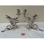 A pair of plated dragon candlesticks. 7½' high