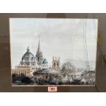 KEN MESSER. BRITISH 1931-2018` An Oxford skyline. Signed. Watercolour 11' x 14'. Studio label verso.