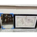 A framed map of the world after Senex and Maxwell 19' x 33'; together with a wall mirror
