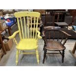 A Victorian smoker's bow armchair (Worm but treated) and a painted lath-back armchair