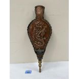 Fireside bellows, copper repousee decorated with a dragon. 14¾' high