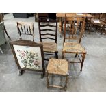 Three rush seated chairs, a stool and a firescreen (5)