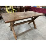 An oak refectory style table on cruciform supports, 62' long, the lot to include a set of four oak