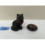 A Tunbridge Ware pin cushion and a cold painted metal black cat. 2½' high