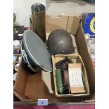 A box of militaria to include a facsimile German jacket and cap
