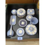 A box of Wedgwood blue jasparware ceramics