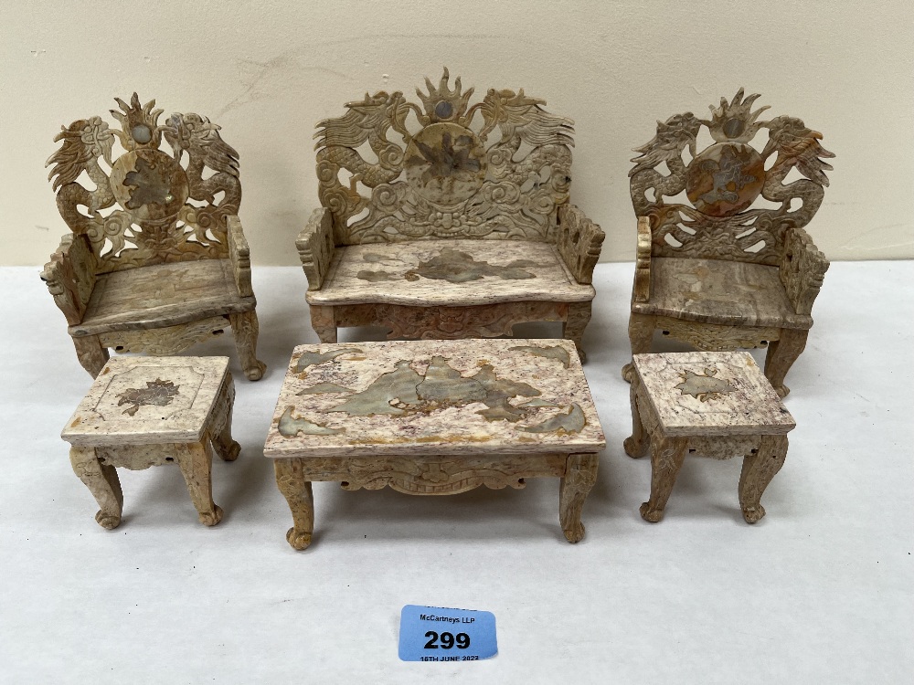 A suite of oriental hardstone and abalone inlaid miniature furniture of five pieces, the settee