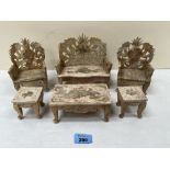 A suite of oriental hardstone and abalone inlaid miniature furniture of five pieces, the settee