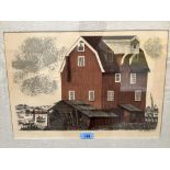 DAVID WILLIAM GENTLEMAN. BRITISH Bn. 1930 A quayside watermill. Signed and dated '66. Woodblock