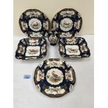 Five 19th century scale blue dessert plates, with reserved decoration of birds and summer flowers in