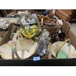 A box of ceramics and glass baskets