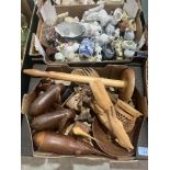 A box of treen animals and two boxes of ceramic animals etc.