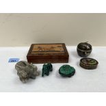A Sorrento marquetry box, two cloisonne enamel boxes; two malachite animal carvings and an onyx