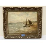 WALTERS. BRITISH 20TH CENTURY Beach scene with fishing snacks. Signed. Oil on board. 11' x 14½'