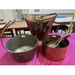 A brass coal bucket with tongs and shovel, together with a copper pan and a brass preserving pan