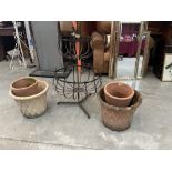 Two pairs of terracotta garden pots and a metal two stage planter. (5)