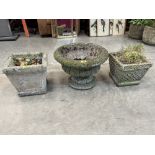 Two square garden pots and a campana planter on stand, 19' diam.