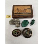 A Sorrento marquetry box, two cloisonne enamel boxes; two malachite animal carvings and an onyx