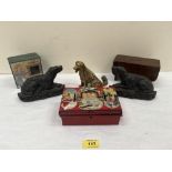 A pair of Victorian cast iron hound bookends, 6' long; an ormolu hound with articulated mouth and