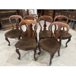 A set of six Victorian mahogany balloon-back dining chairs on cabriole legs. Each stamped JRS