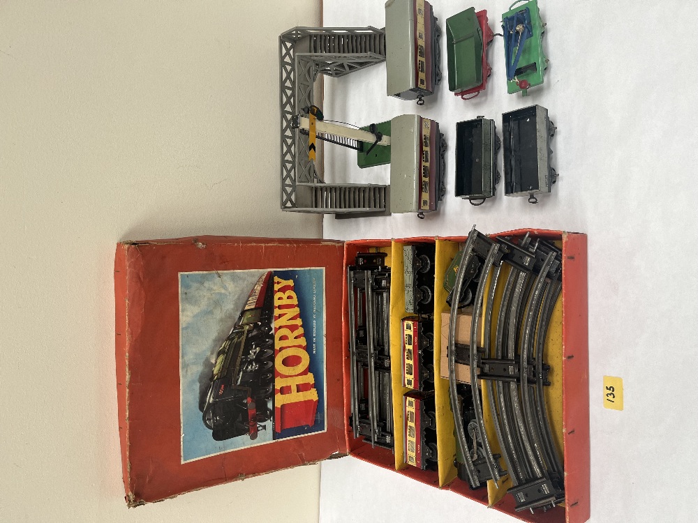 A Hornby tinplate train set, other Hornby buildings, track etc.