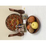 A bowl of stone fruit; a 19th century Staffordshire Tennis and Cricket group; an Aller Pottery vase,