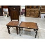 A mahogany low table on cluster column legs. 27' wide together with an oak hall chair