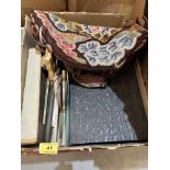 A box of needlework bags, curling tongs, vintage coat hangers etc.