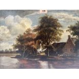 AFTER HOBBEMA. DUTCH 19TH CENTURY Farmhouse by a pool. Bears a signature. Oil on oak panel 12¾' x