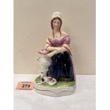 A 19th century Staffordshire figural pen holder, lady with urn, a cat at her feet. 6¼' high