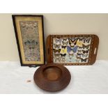 A Chinese hardwood and embroidered tray; a butterfly specimen tray (A.F.) and an antipodean treen