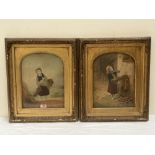 A pair of Victorian gilt gesso frames with arched slips. Each containing a sentimental print. 20½' x