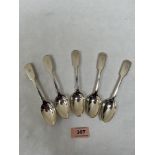 A set of five Victorian silver fiddle pattern teaspoons. London 1893. 4ozs 5dwts
