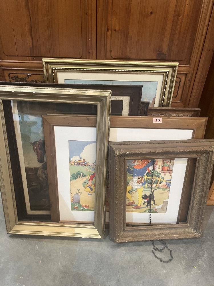 Various framed prints and two picture frames