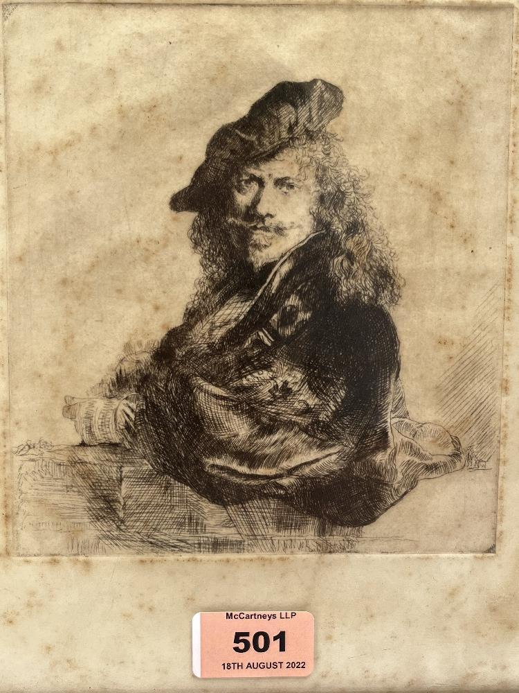 AFTER REMBRANDT VAN RIJN. DUTCH 1606-1669 Self portrait leaning on a stone sill. Etching. Plate size - Bild 2 aus 2