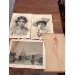 Two Victorian pencil portraits signed R.W. Young; a 19th century drawing, man o' war in an estuary