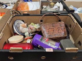 Four boxes of ceramics and glassware to include Torquay Ware, coloured glass, sundries etc.