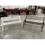 A pair of painted cast iron and wood slatted garden seats. One painted white. 48' long