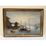ANDERSON. 20TH CENTURY SCHOOL Fishing harbour with boats. Signed. Oil on canvas. 20' x 30'