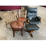 A leather reclining armchair and footstool; two armchairs and a stool (5)