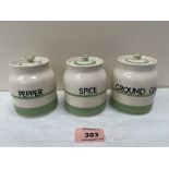 Three Sadler kleen kitchenware storage jars for Pepper; Spice and Ground Ginger (chip to foot